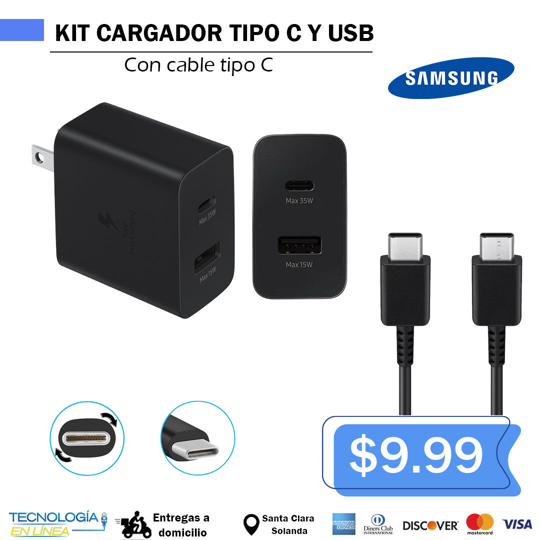 Cargador Samsung 35w kit USB/TIPO C carga rápida, incluye cable